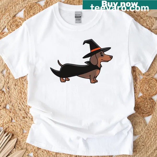 Dachshund in witch costume graphic on Halloween t-shirt