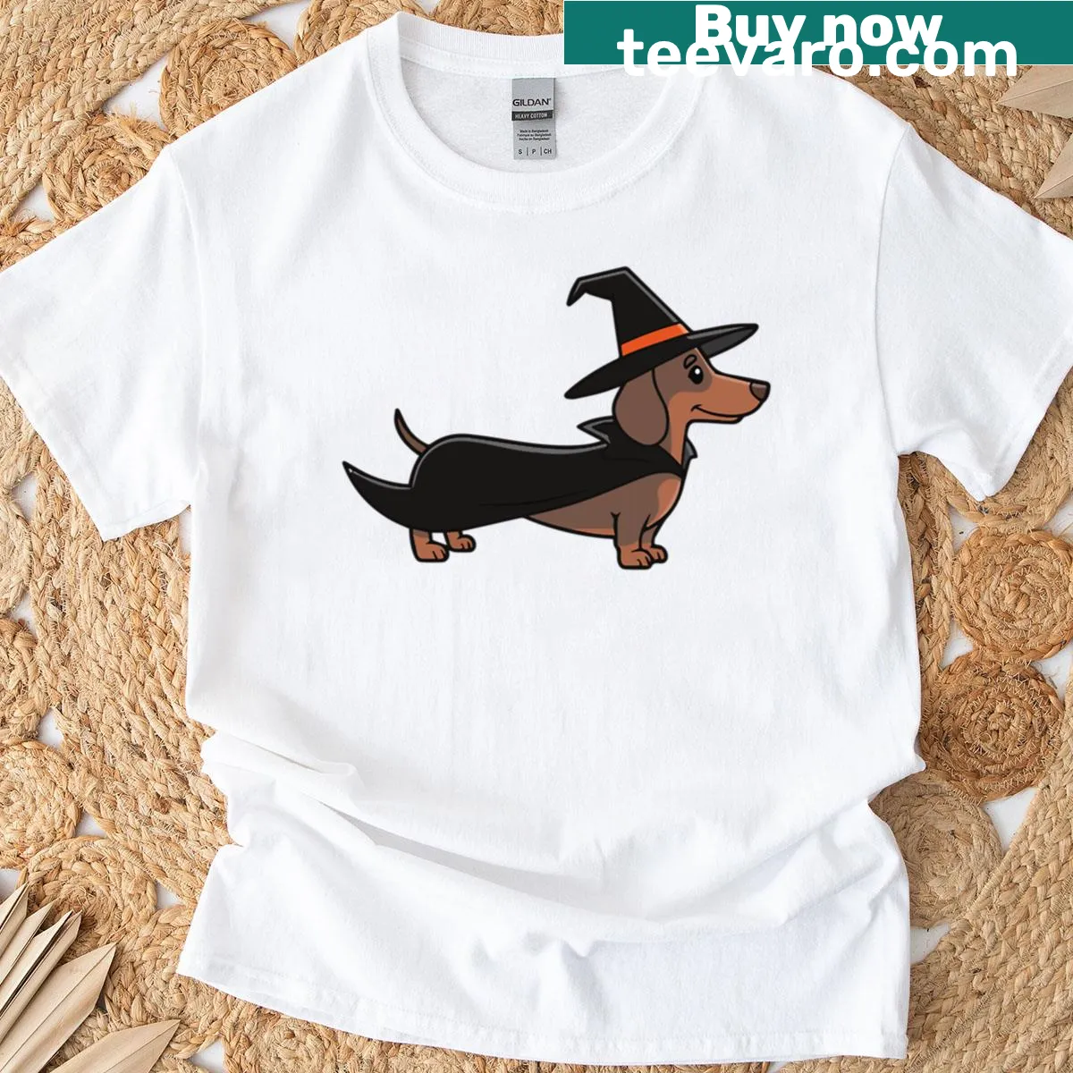 Dachshund in witch costume graphic on Halloween t-shirt — on a men's t-shirt