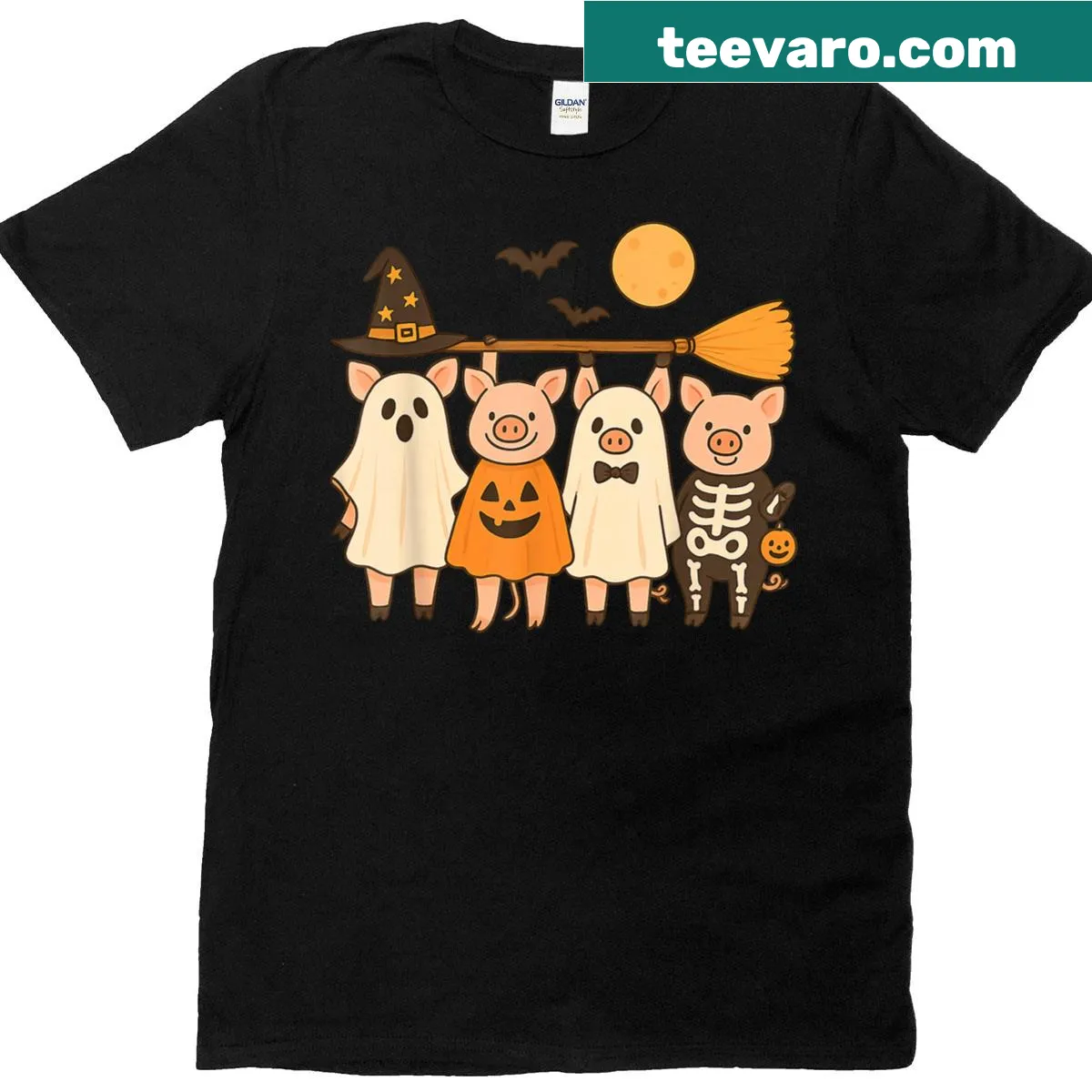 Cartoon Halloween t-shirt featuring a pig ghost with pumpkins — on a men's t-shirt