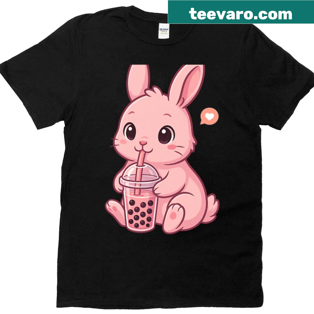 Kawaii pink bunny with boba tea graphic for kids, perfect for animal lovers. — on a men's t-shirt