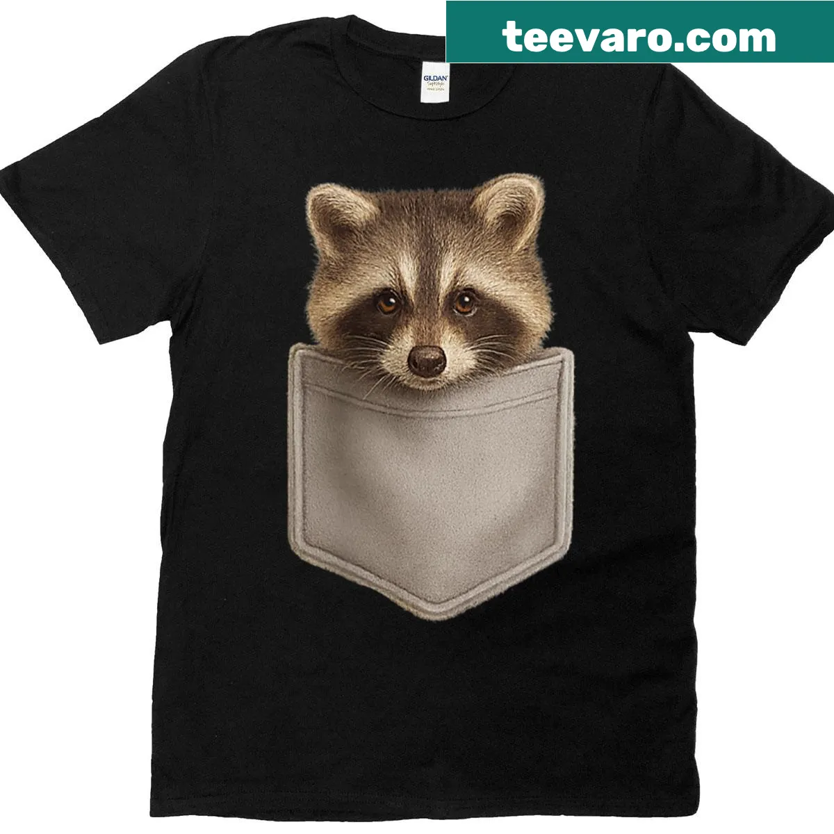 Illustration of a cute raccoon peeking out of a pocket on a T-shirt — on a men's t-shirt