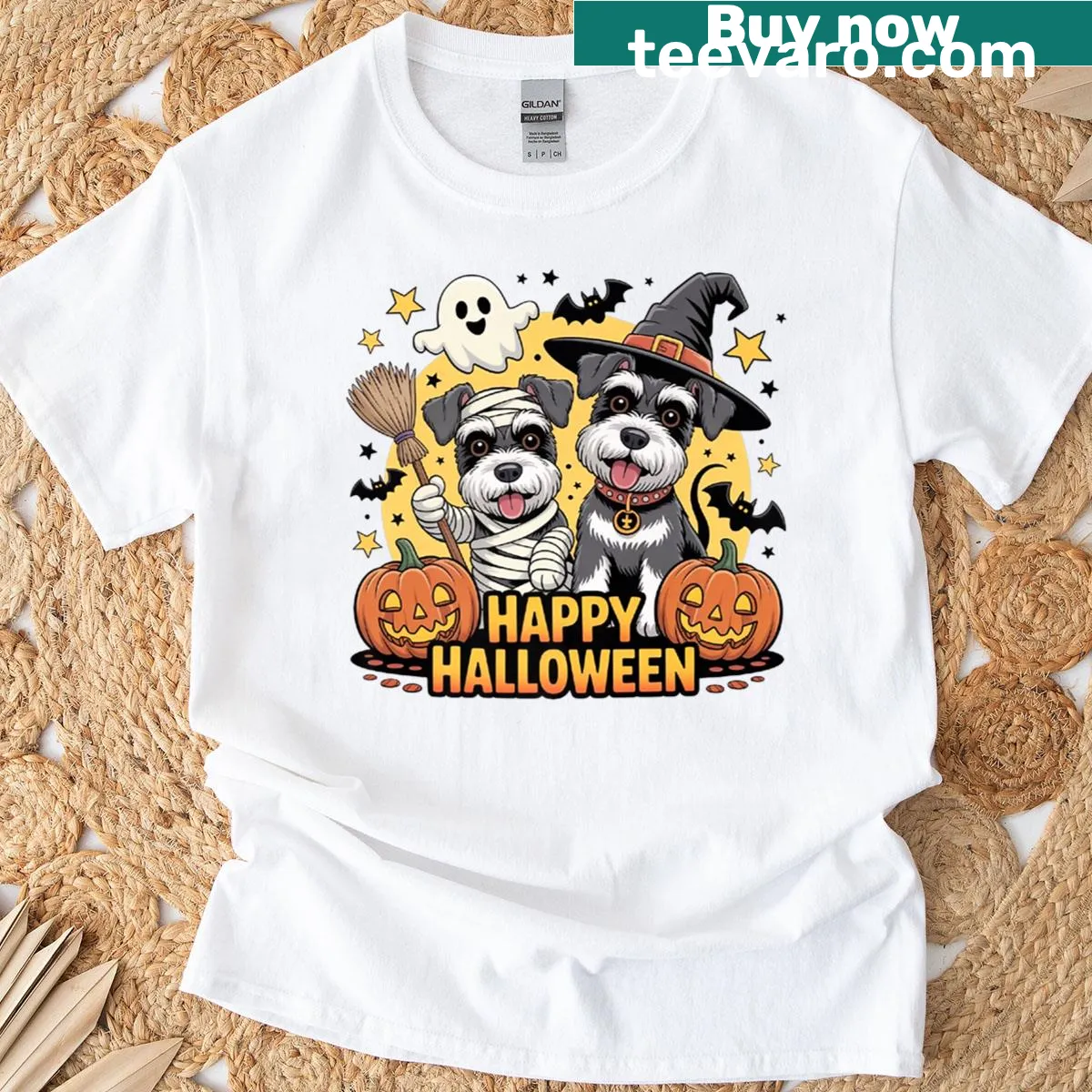 Cute Halloween-themed Schnauzer t-shirt with pumpkins and ghost — on a men's t-shirt