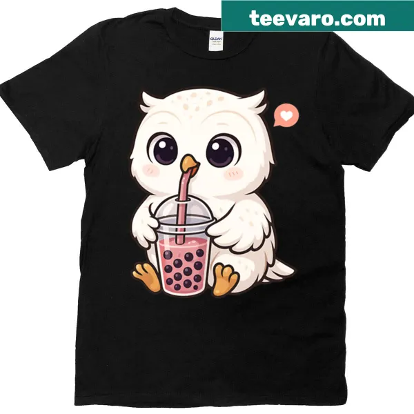 Kawaii white owl with boba tea graphic for kids, ideal for animal lovers.