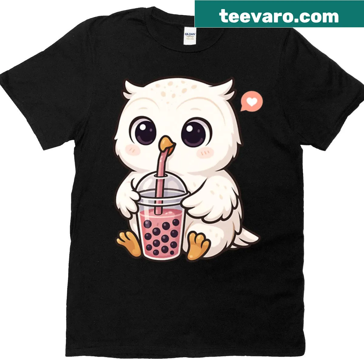 Kawaii white owl with boba tea graphic for kids, ideal for animal lovers. — on a men's t-shirt