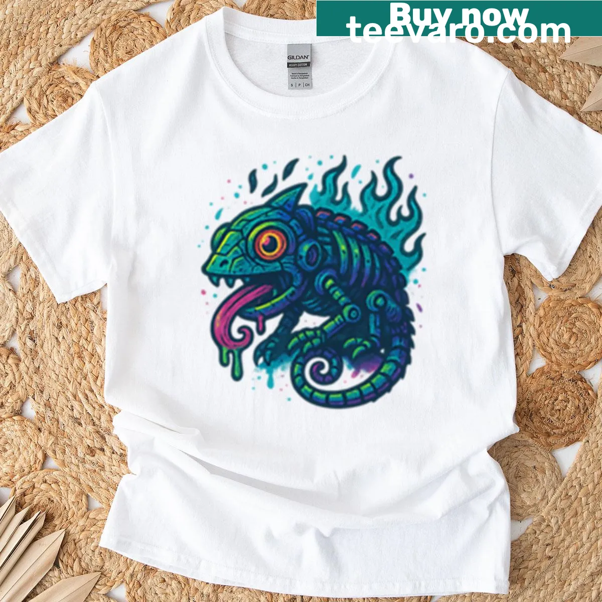 Dynamic chameleon graphic on a futuristic t-shirt — on a men's t-shirt