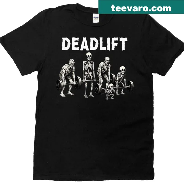 Funny Halloween T-shirt with skeletons deadlifting and zombies illustration