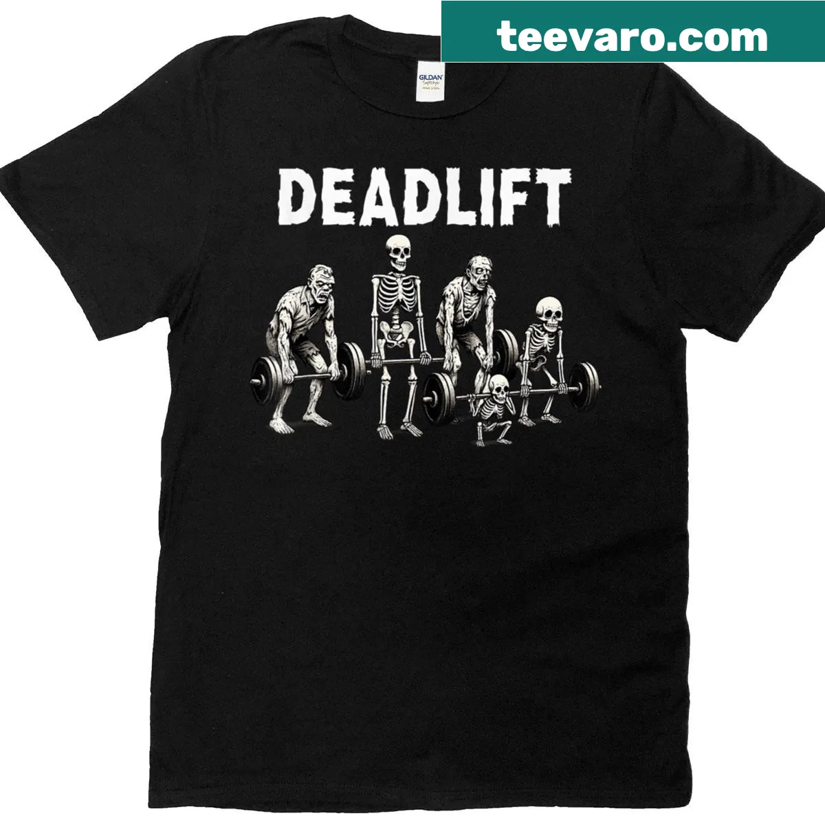 Funny Halloween T-shirt with skeletons deadlifting and zombies illustration — on a men's t-shirt