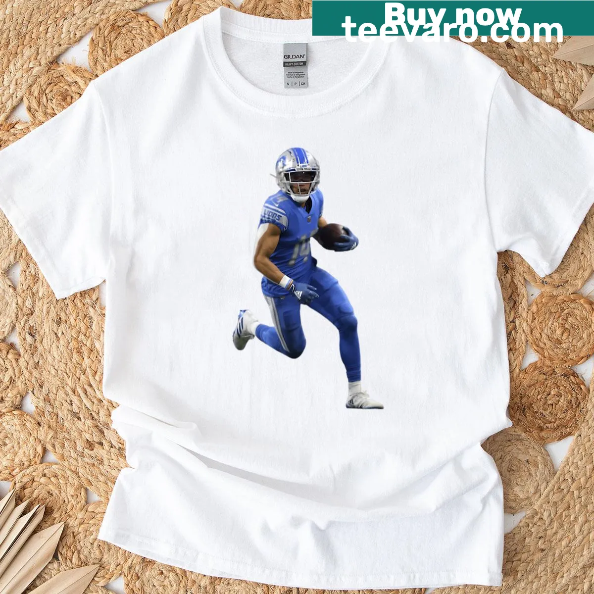 Graphic T-shirt featuring Amon-ra St. Brown and Detroit Lions logo — on a men's t-shirt