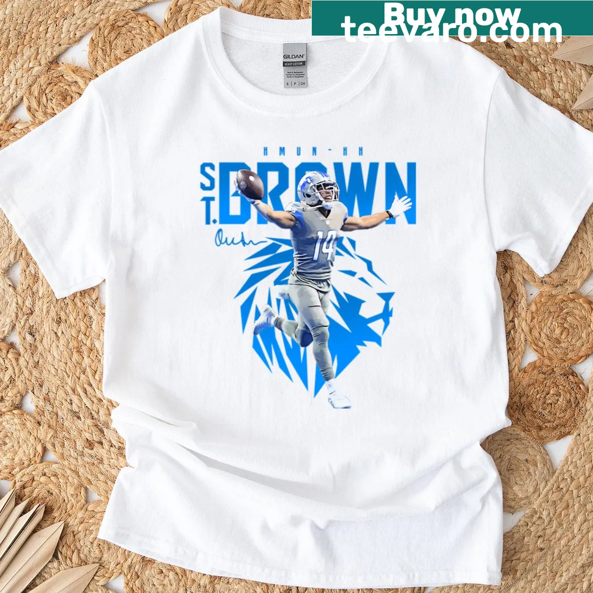Amon-ra St Brown graphic on Detroit Lions football T-shirt — on a men's t-shirt