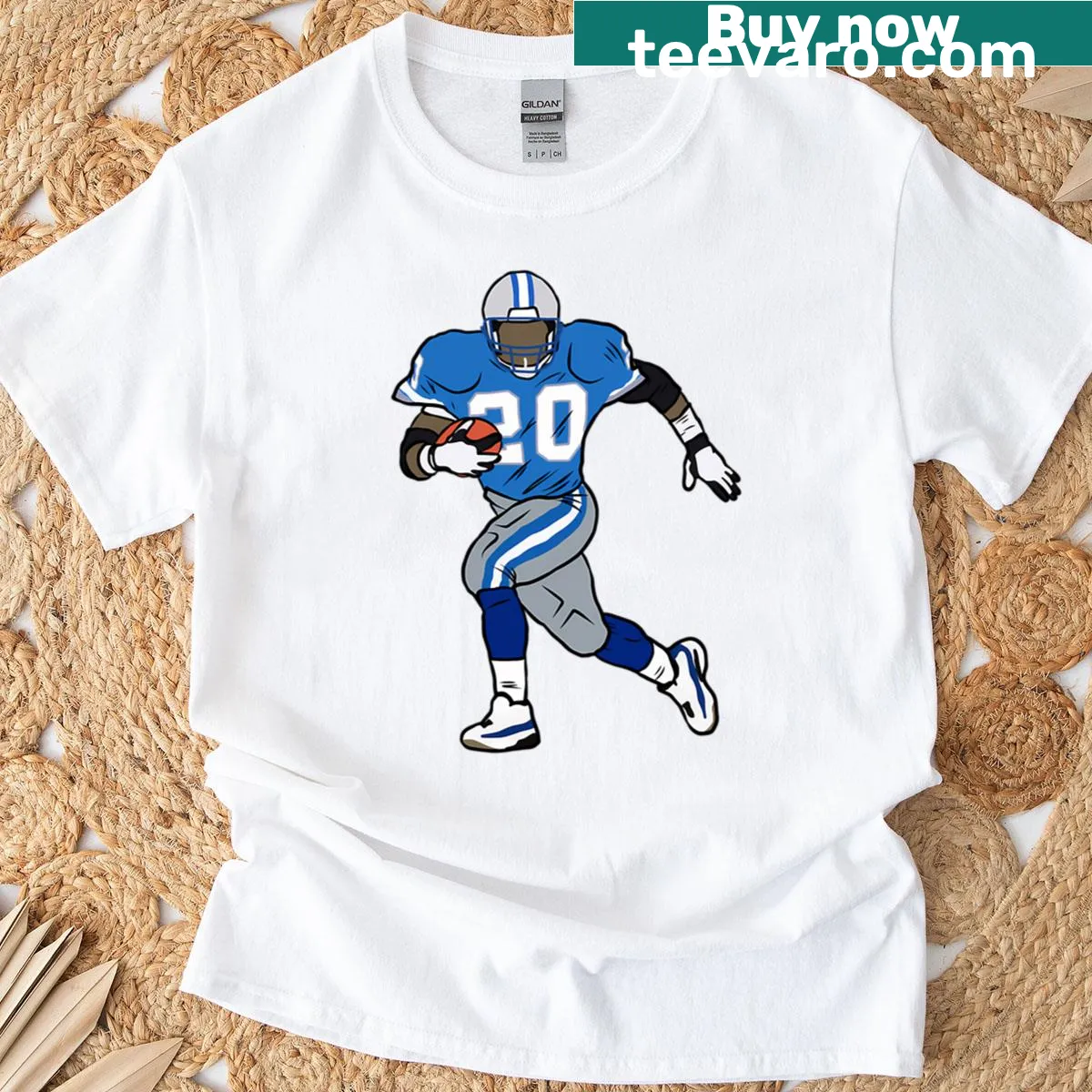 Barry Sanders illustration on a Detroit football shirt — on a men's t-shirt