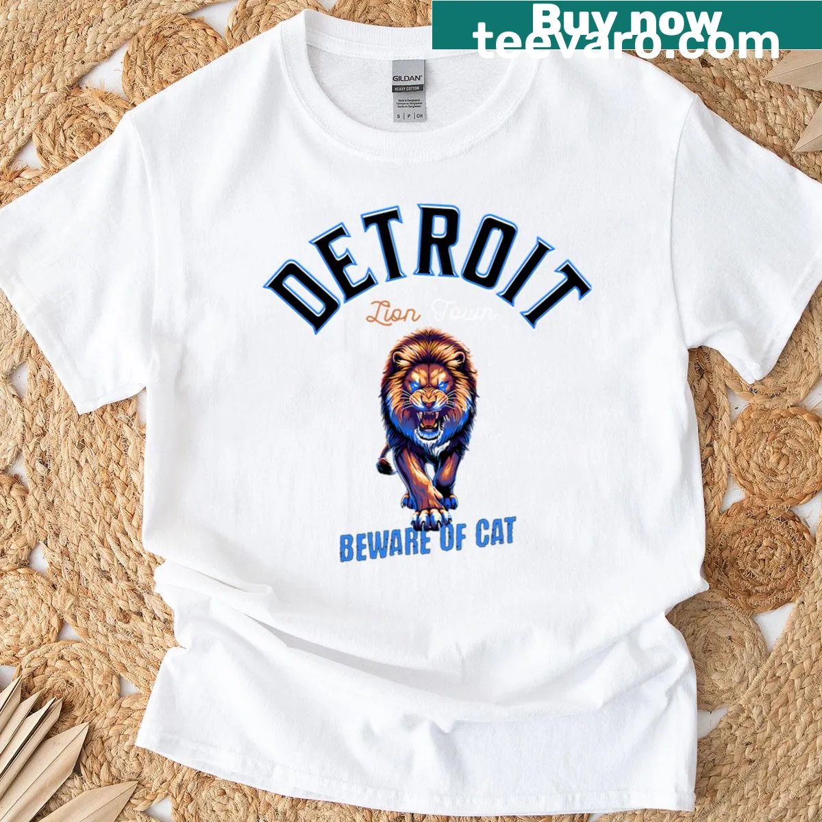 Playful t-shirt depicting a lion and 'Beware of Cat' for football fans. — on a men's t-shirt