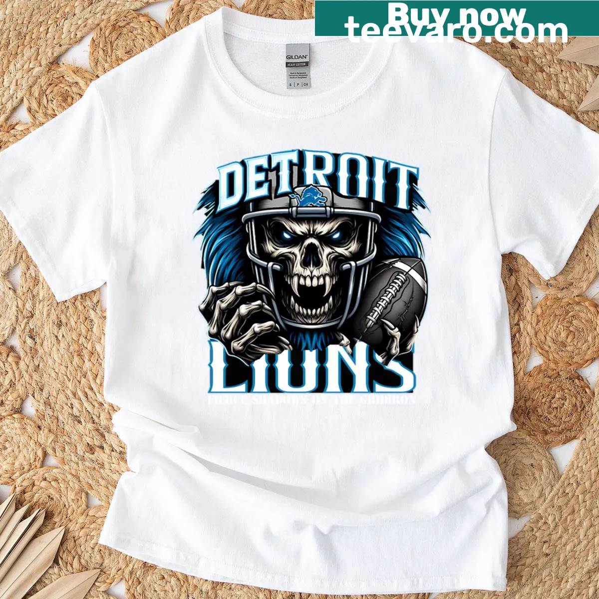 Fierce skull graphic for Detroit Football Lions T-shirt — on a men's t-shirt