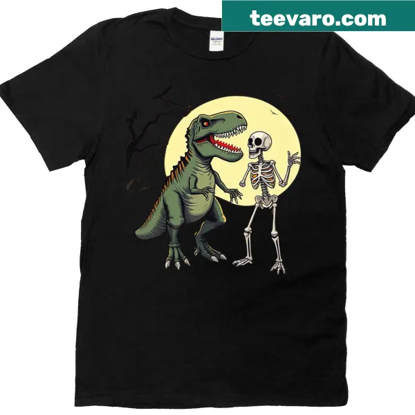 Dark fantasy T-shirt featuring dinosaurs and skeletons illustration