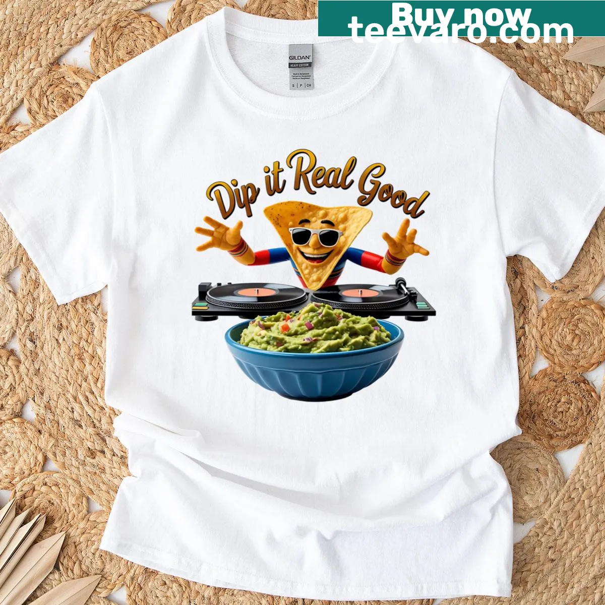 DJ-themed T-shirt featuring a chip dipping into guacamole with a pun — on a men's t-shirt