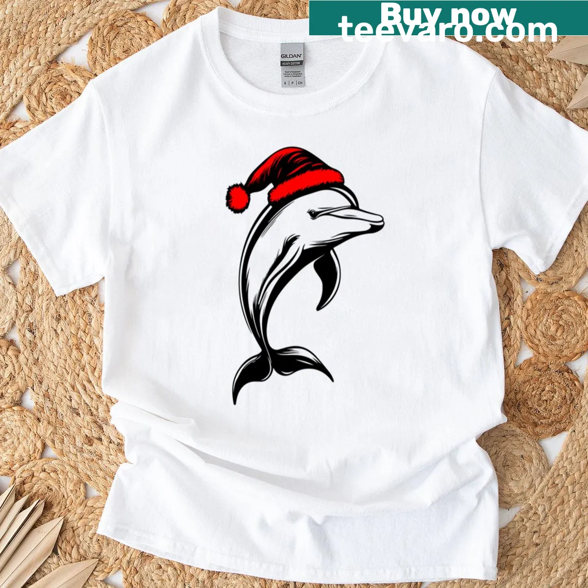Dolphin wearing a Christmas hat graphic t-shirt — on a men's t-shirt