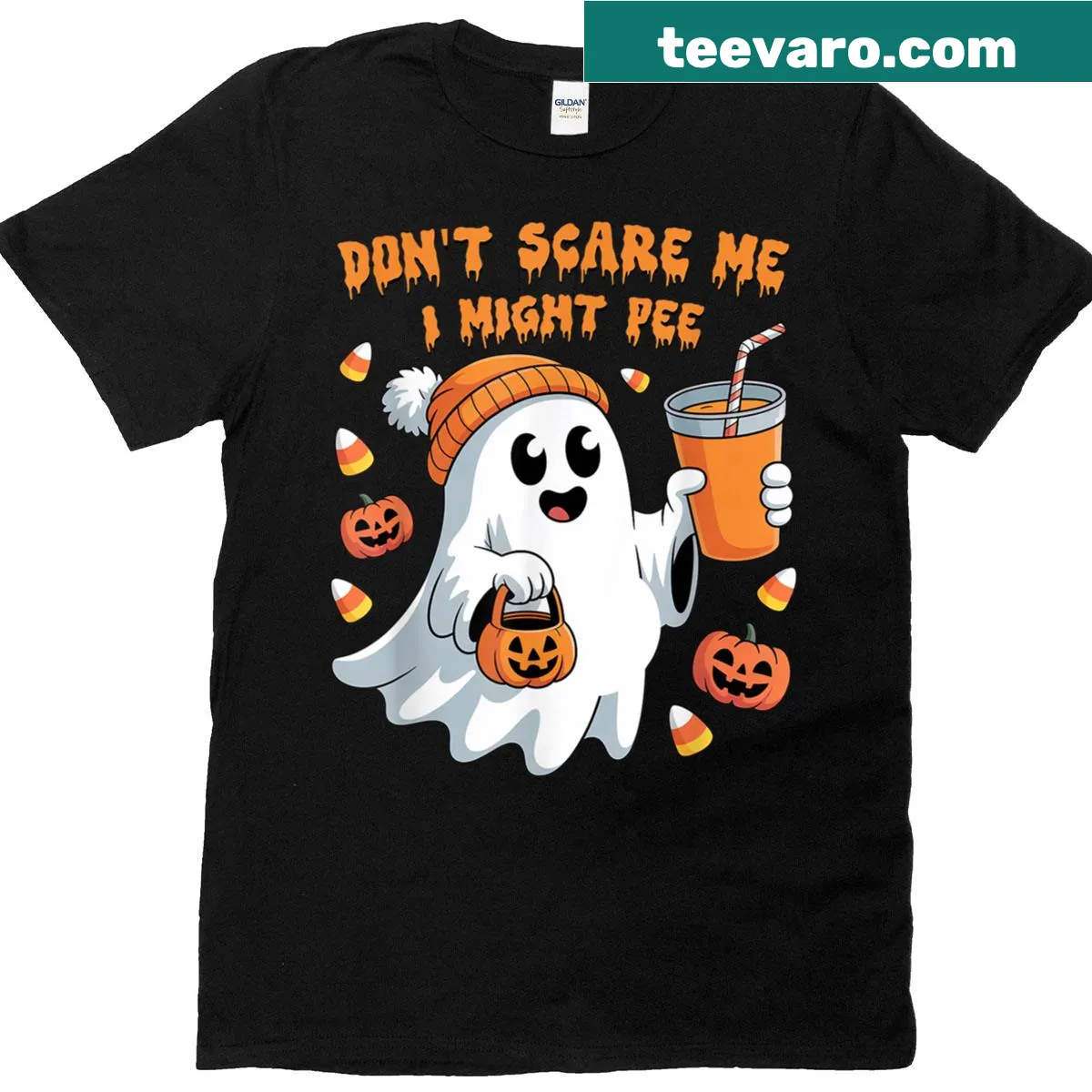 Funny Halloween t-shirt with pregnant ghost and humorous text — on a men's t-shirt