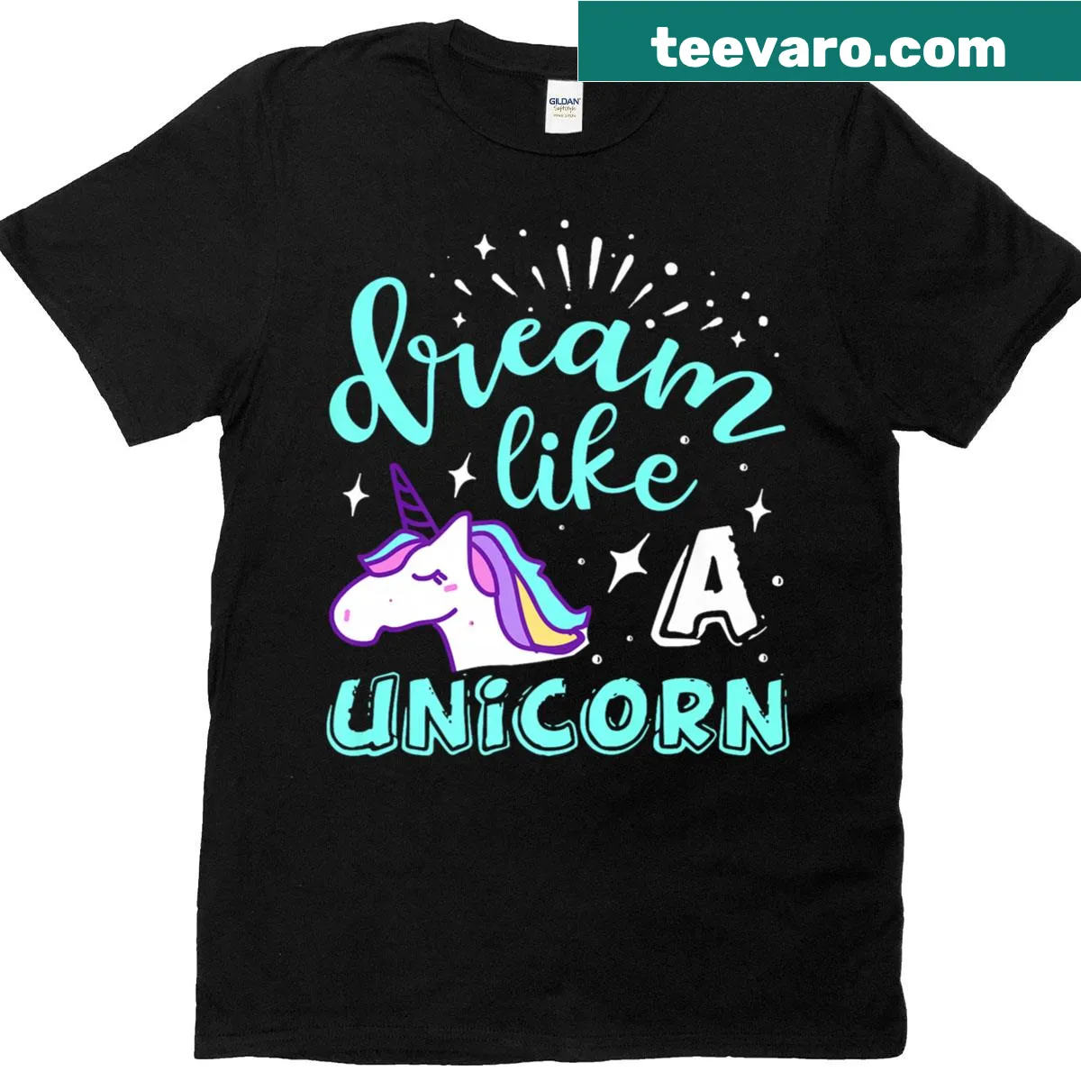 Inspirational T-shirt with the phrase 'Dream Like A Unicorn' — on a men's t-shirt