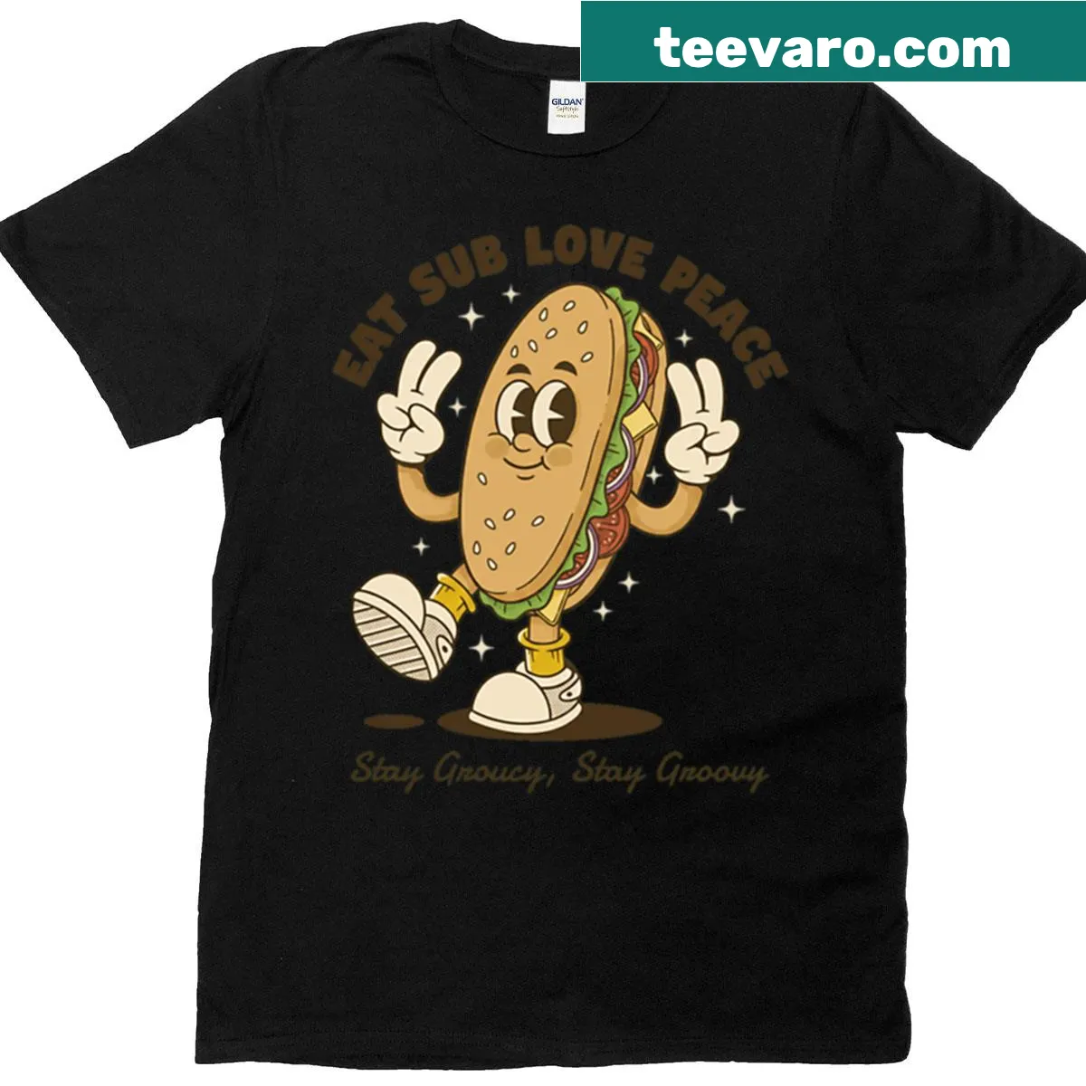 Cartoon submarine sandwich T-shirt with 'Eat Sub Love Peace' design — on a men's t-shirt