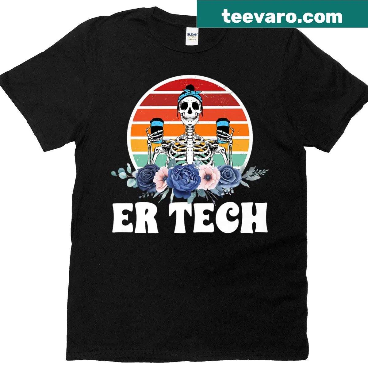 Humorous skeleton graphic T-shirt for emergency room technicians — on a men's t-shirt