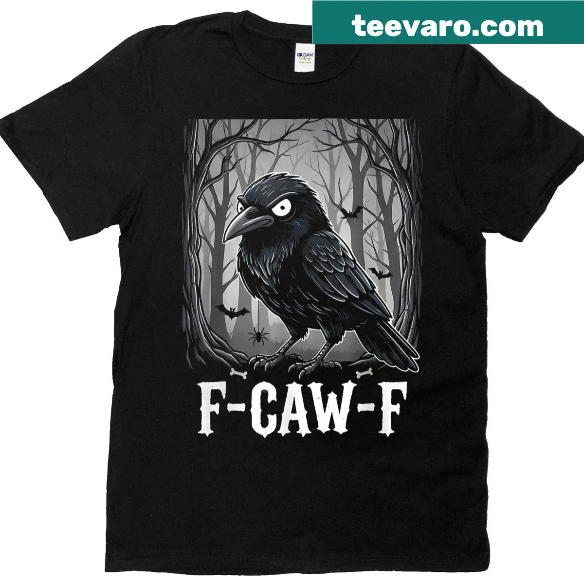 Funny crow graphic t-shirt with the phrase 'F-caw-f' — on a men's t-shirt