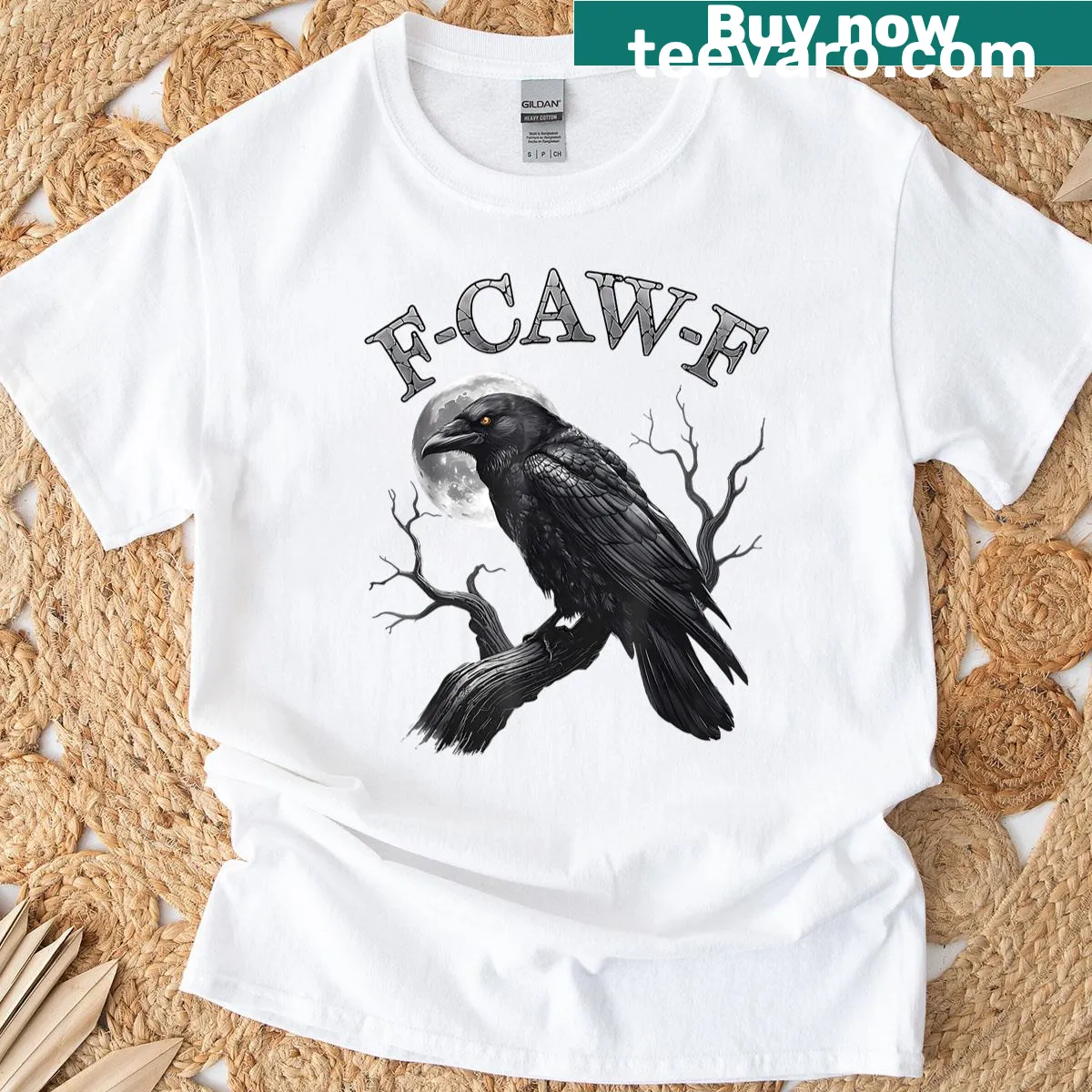 Raven graphic with crown on a full moon for Halloween T-shirt — on a men's t-shirt