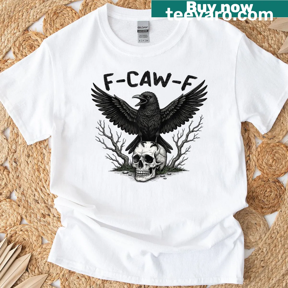 Funny crow graphic with 'F-caw-f' text t-shirt — on a men's t-shirt