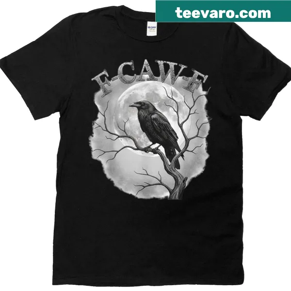 Halloween T-shirt with raven silhouette against a full moon and 'F Caw F' text