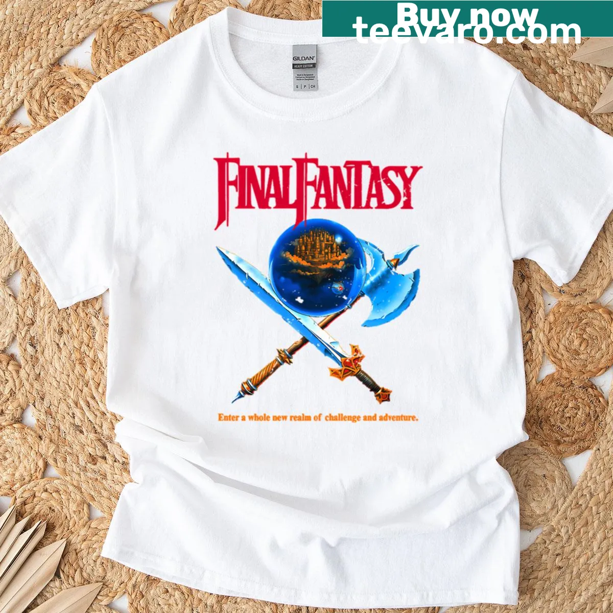 Final Fantasy themed t-shirt featuring iconic elements — on a men's t-shirt