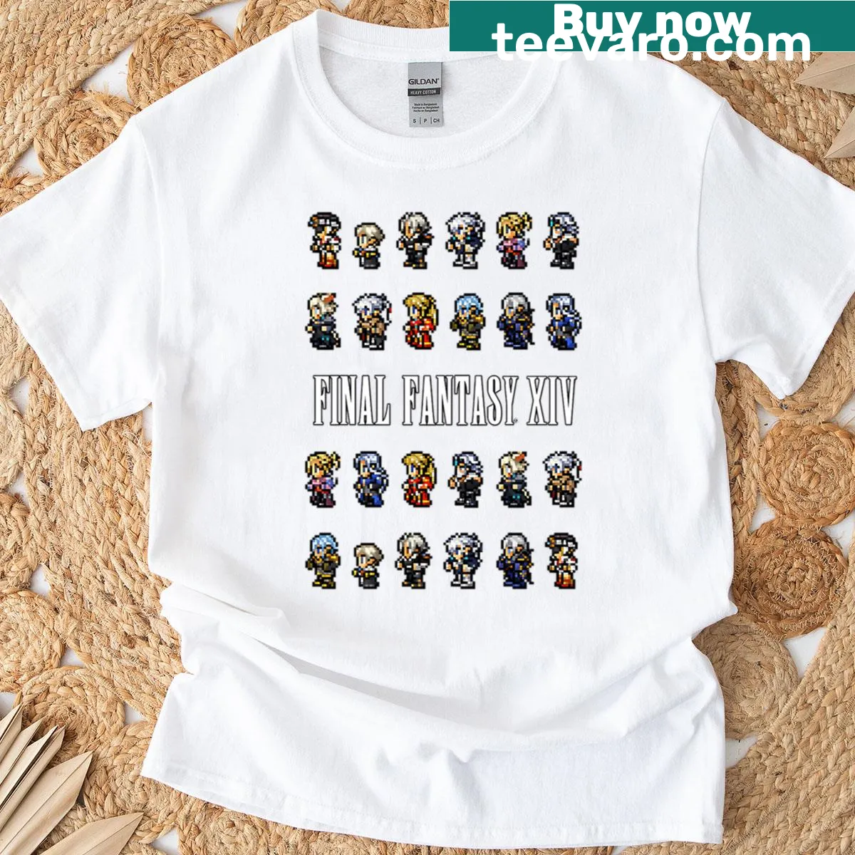 T-shirt featuring pixel sprites from Final Fantasy XIV — on a men's t-shirt