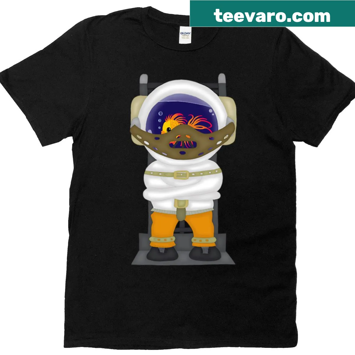 Funny cartoon T-shirt featuring 'Fish The Cannibal' text — on a men's t-shirt