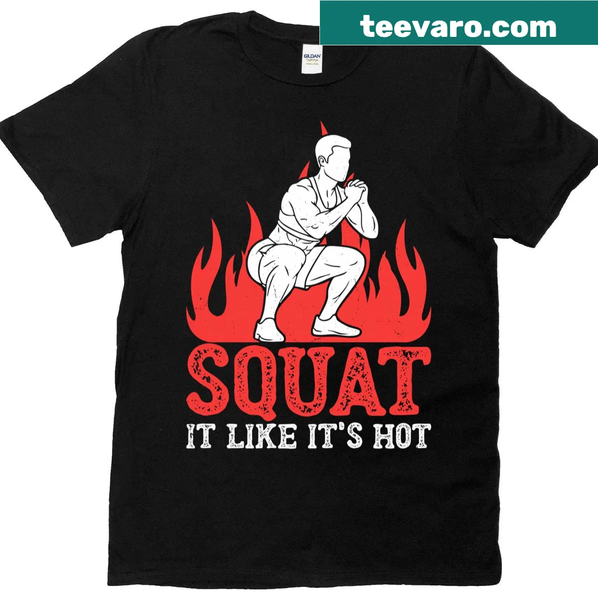 Playful fitness t-shirt with the phrase 'Squat It Like It's Hot' — on a men's t-shirt