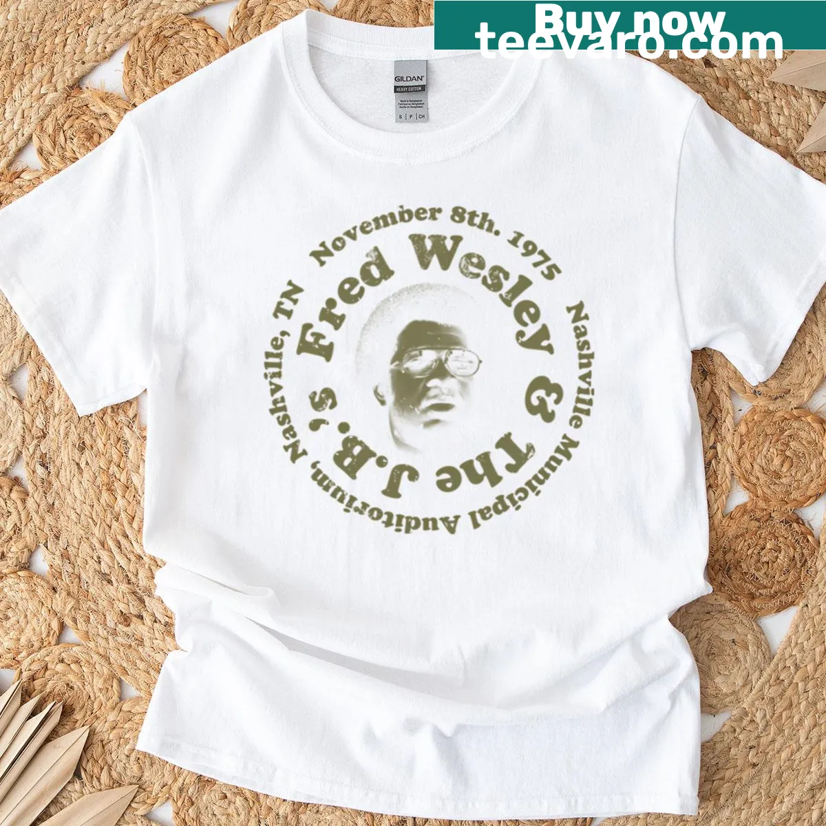 Vintage-style T-shirt commemorating Fred Wesley and The JBs live in 1975 — on a men's t-shirt