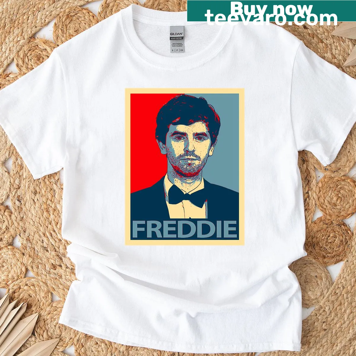 Cartoon illustration of Freddie Highmore on a T-shirt — on a men's t-shirt