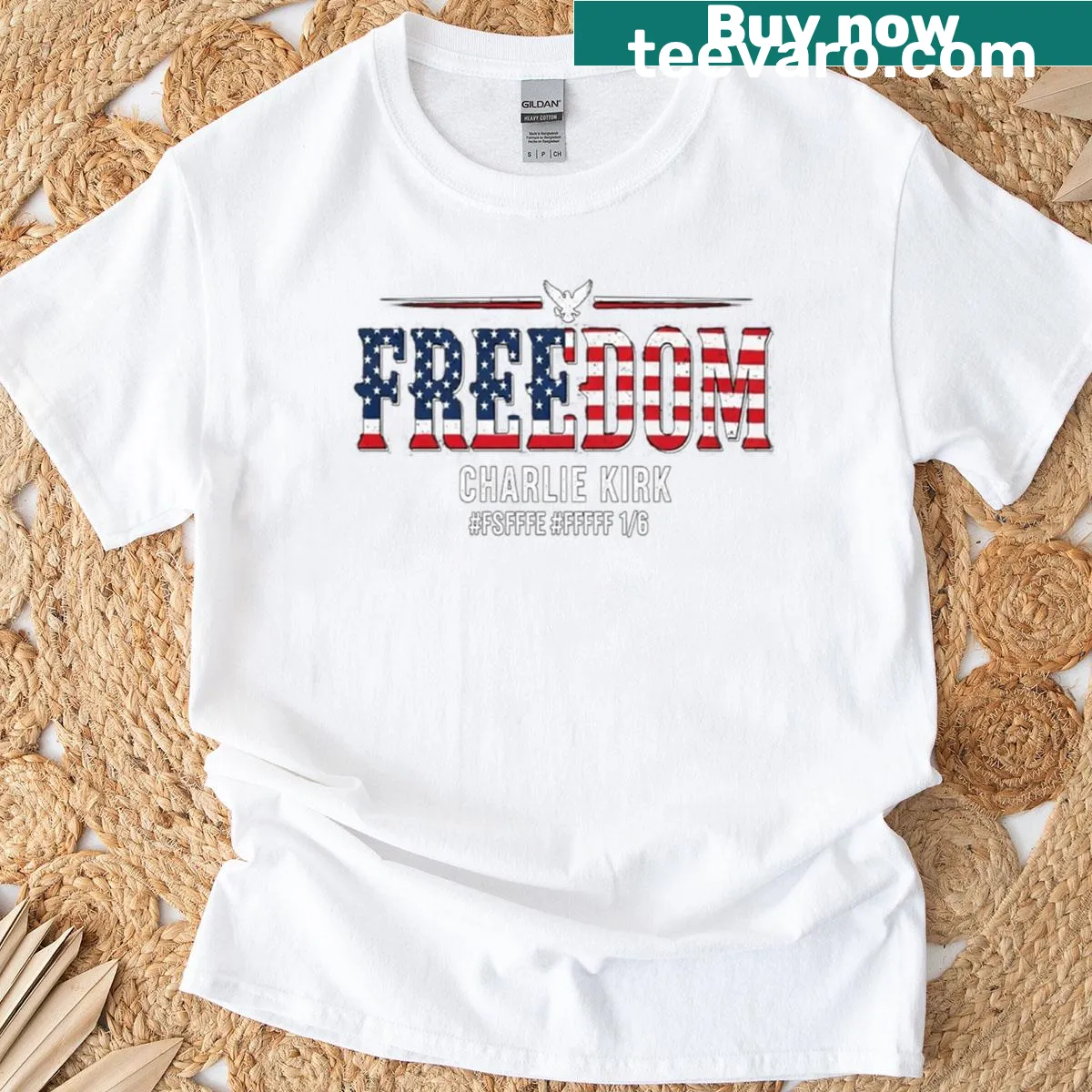 Retro patriotic t-shirt with 'Freedom' text design — on a men's t-shirt