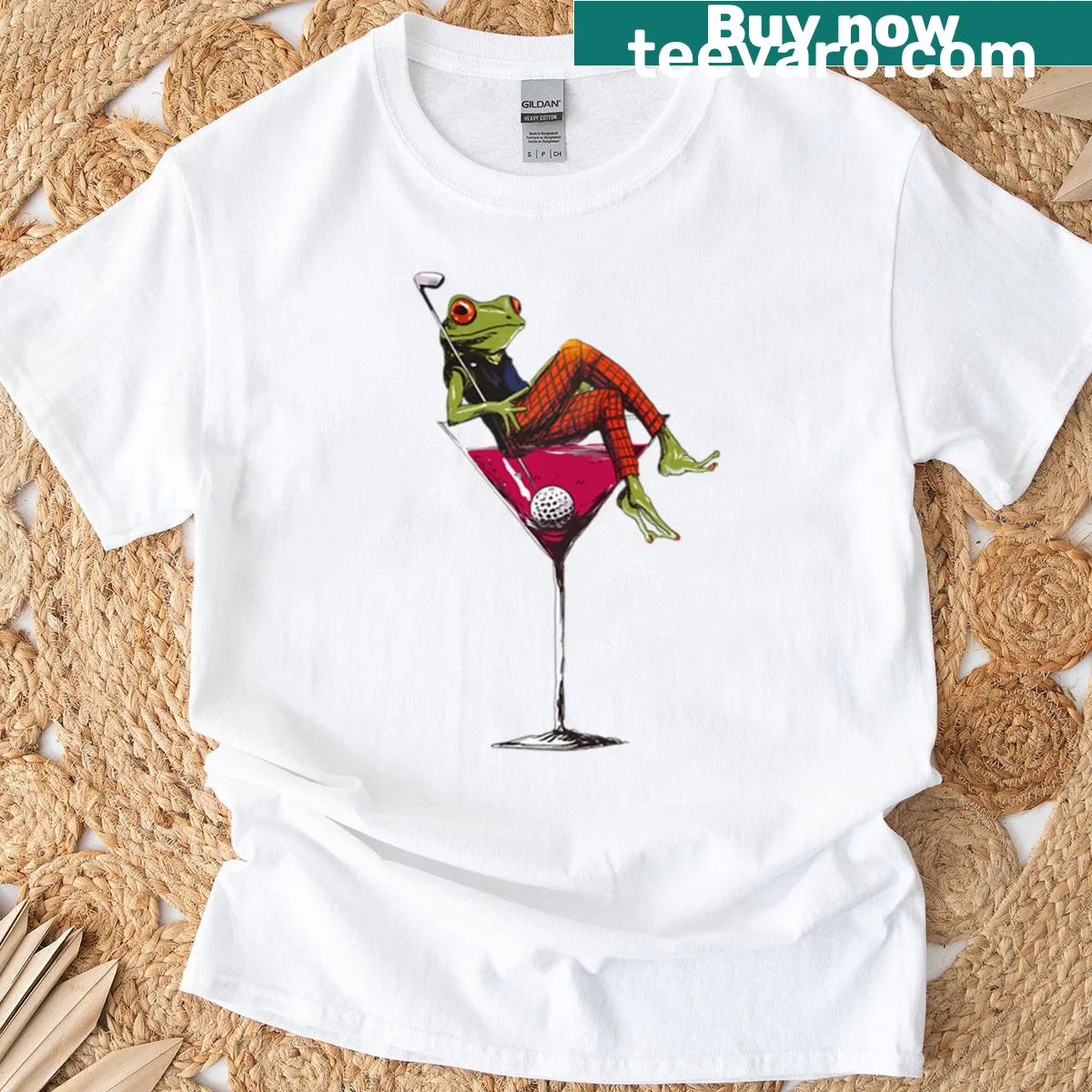 Frog sitting on a martini glass illustration on a golf-themed T-shirt — on a men's t-shirt