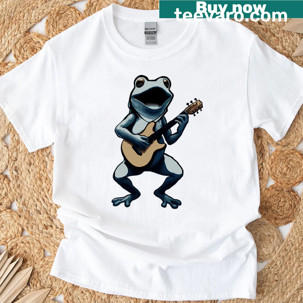 Cartoon frog playing electric guitar — on a men's t-shirt