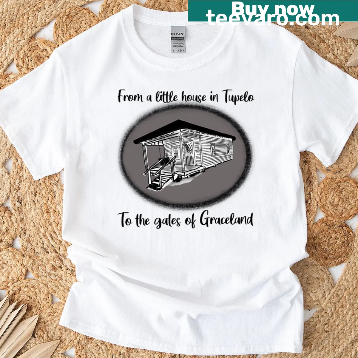 Illustrated t-shirt of a small house reflecting Tupelo's charm — on a men's t-shirt