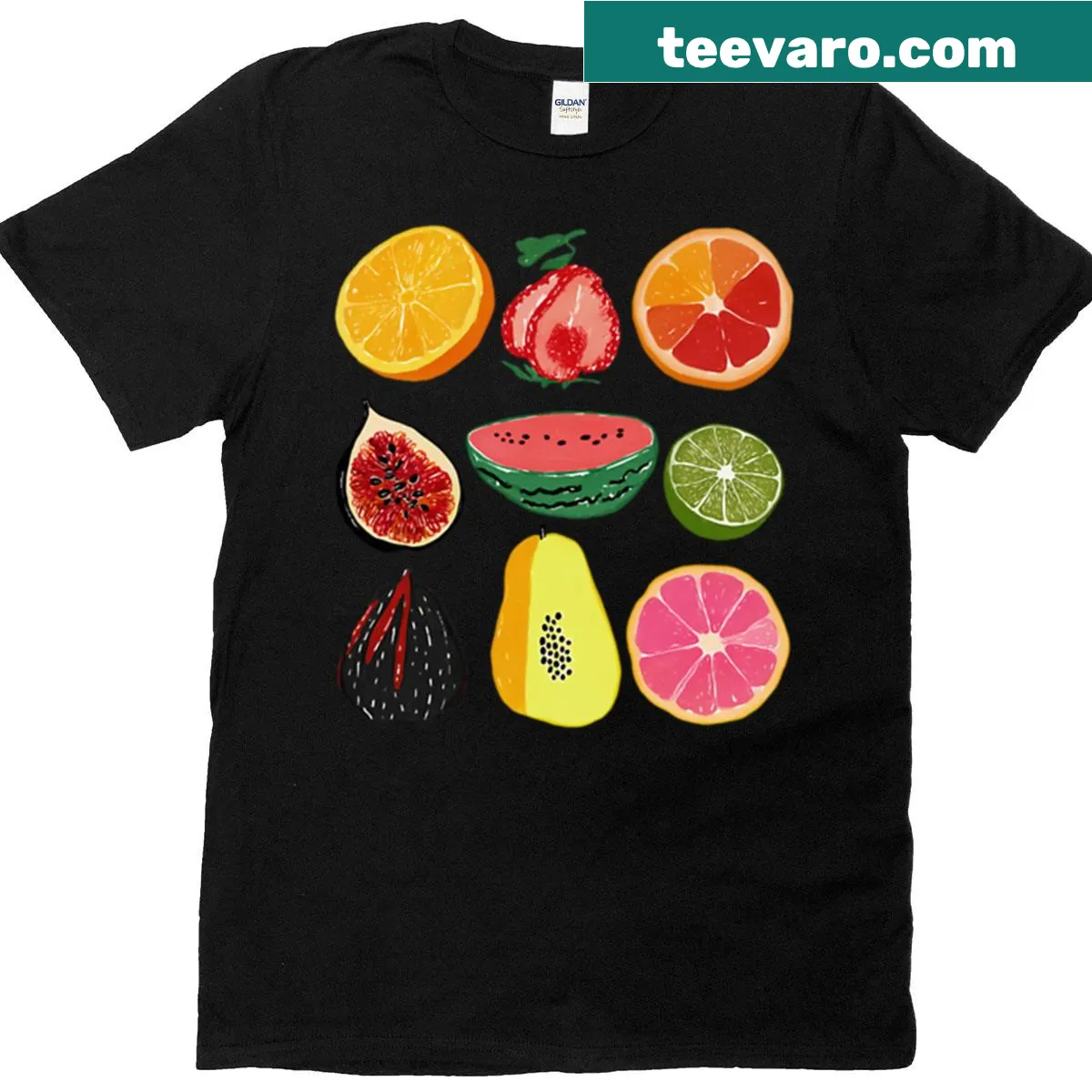 Illustrative T-shirt showcasing a medley of tropical fruits — on a men's t-shirt