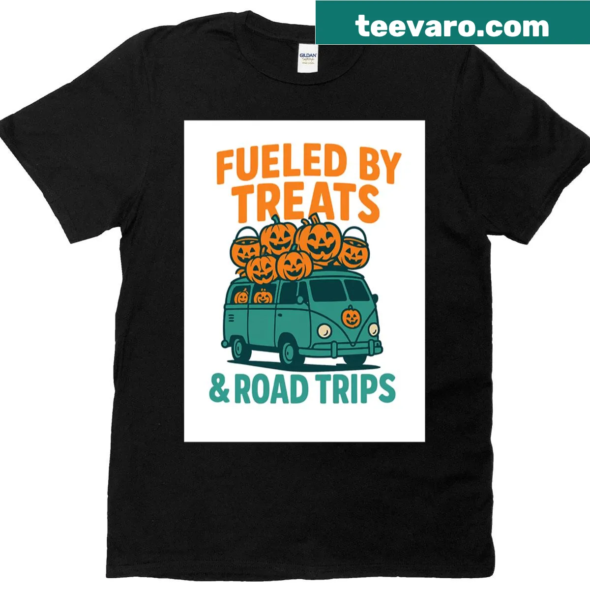 Illustrative T-shirt featuring treats and road trips theme — on a men's t-shirt