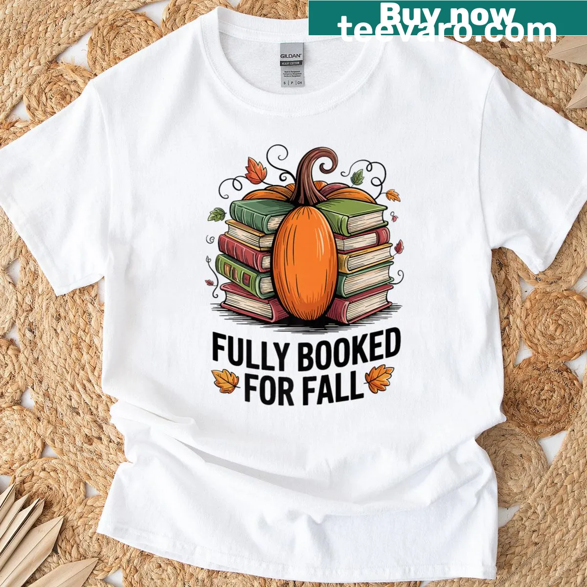 Funny autumn-themed t-shirt with pumpkin and book design — on a men's t-shirt