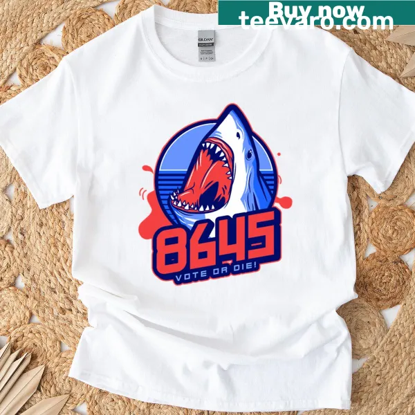Sports logo style t-shirt with a shark graphic and '8645' text