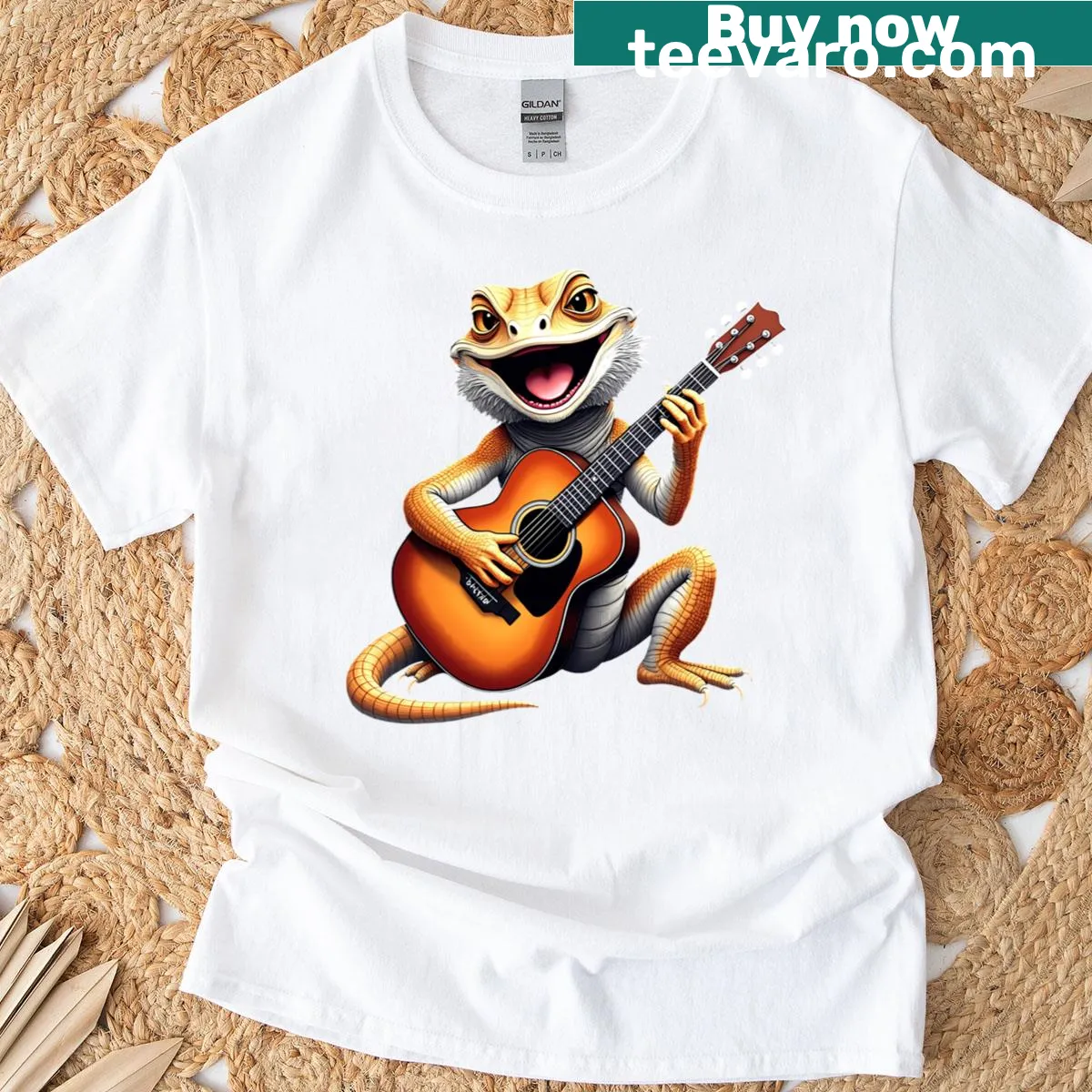 Bearded dragon playing guitar in a humorous illustration on a t-shirt. — on a men's t-shirt