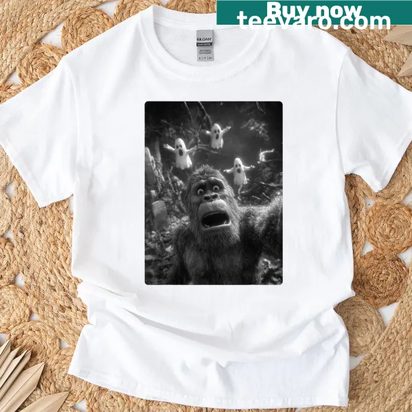Funny T-shirt with Bigfoot selfie featuring ghosts in a haunted forest