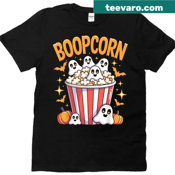 Halloween T-shirt with cartoon ghost and popcorn design