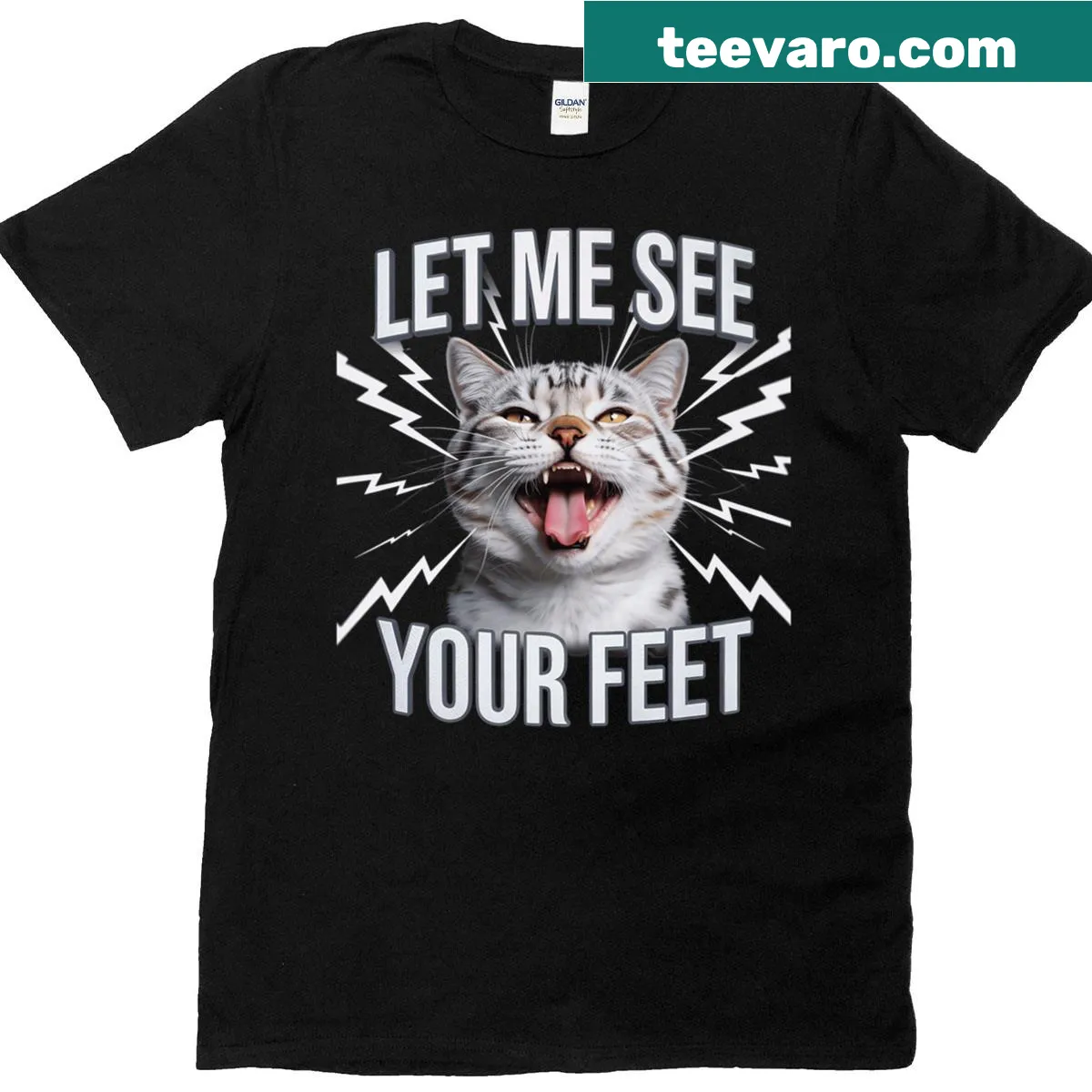 Cat-themed T-shirt with the humorous phrase 'Let Me See Your Feet' in playful font — on a men's t-shirt