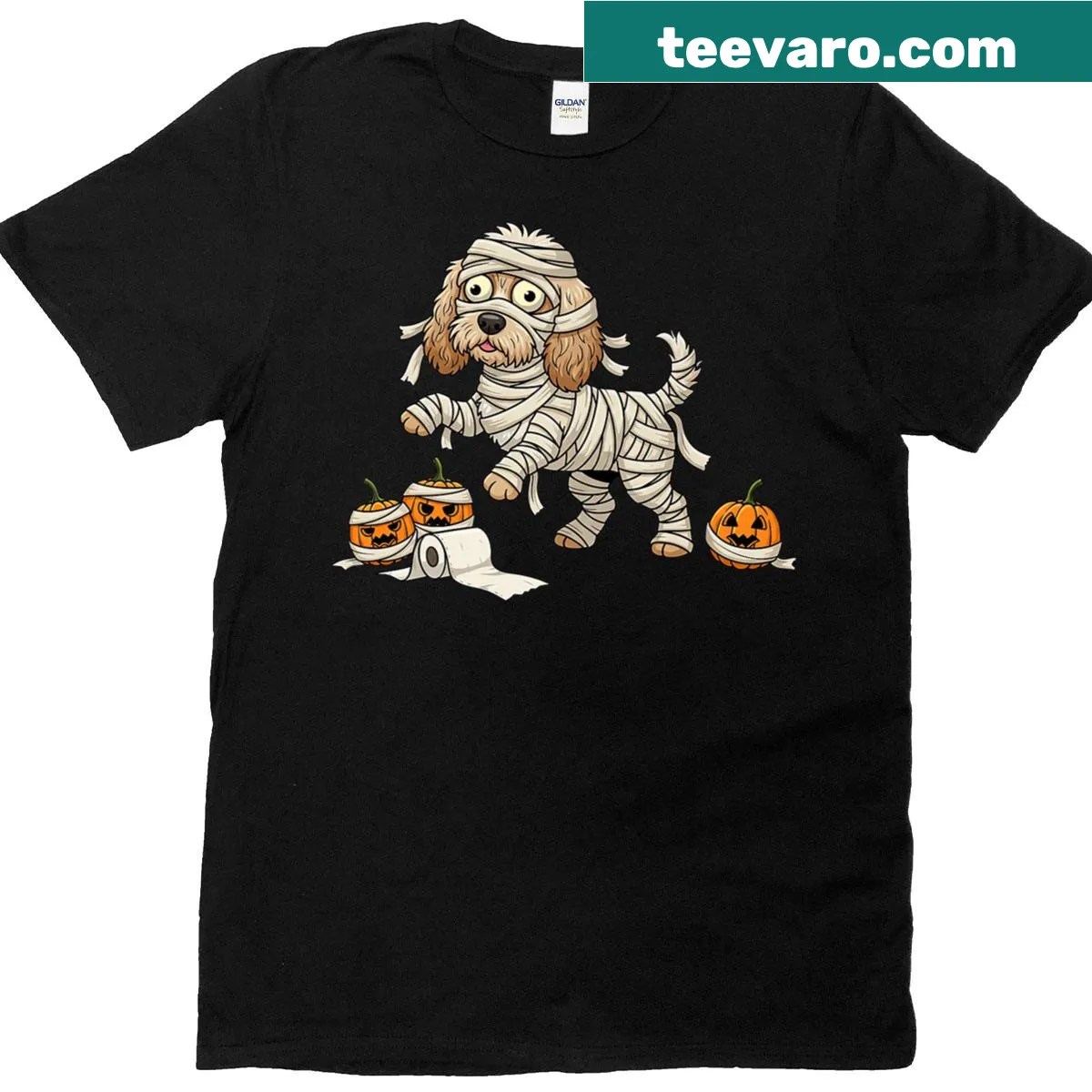 Halloween graphic tee with a cockapoo mummy and pumpkin — on a men's t-shirt