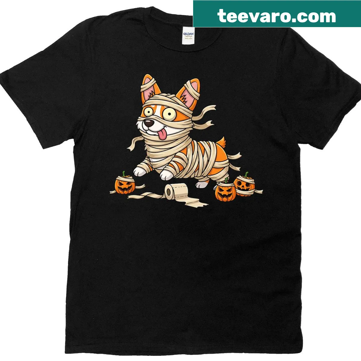 Corgi mummy graphic with pumpkins for Halloween t-shirt — on a men's t-shirt