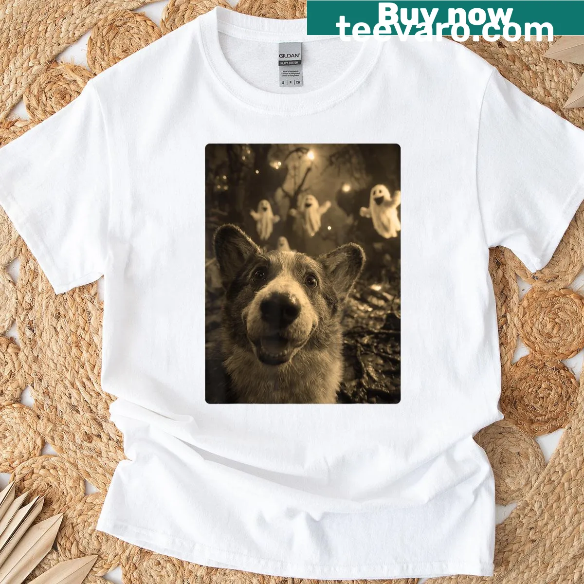Cute corgi selfie with ghosts in a haunted forest — on a men's t-shirt