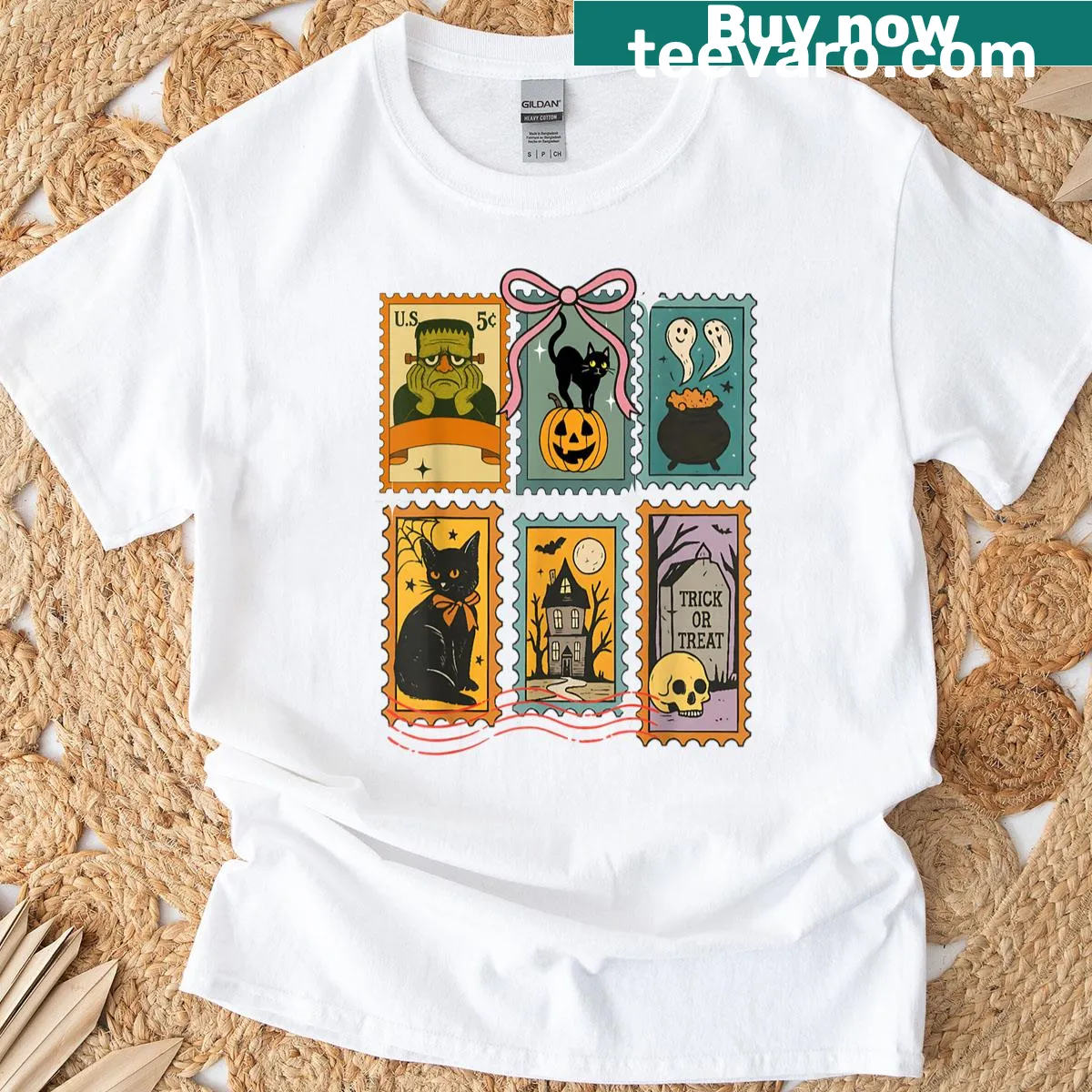 Cartoon Halloween design inspired by postage stamps — on a men's t-shirt