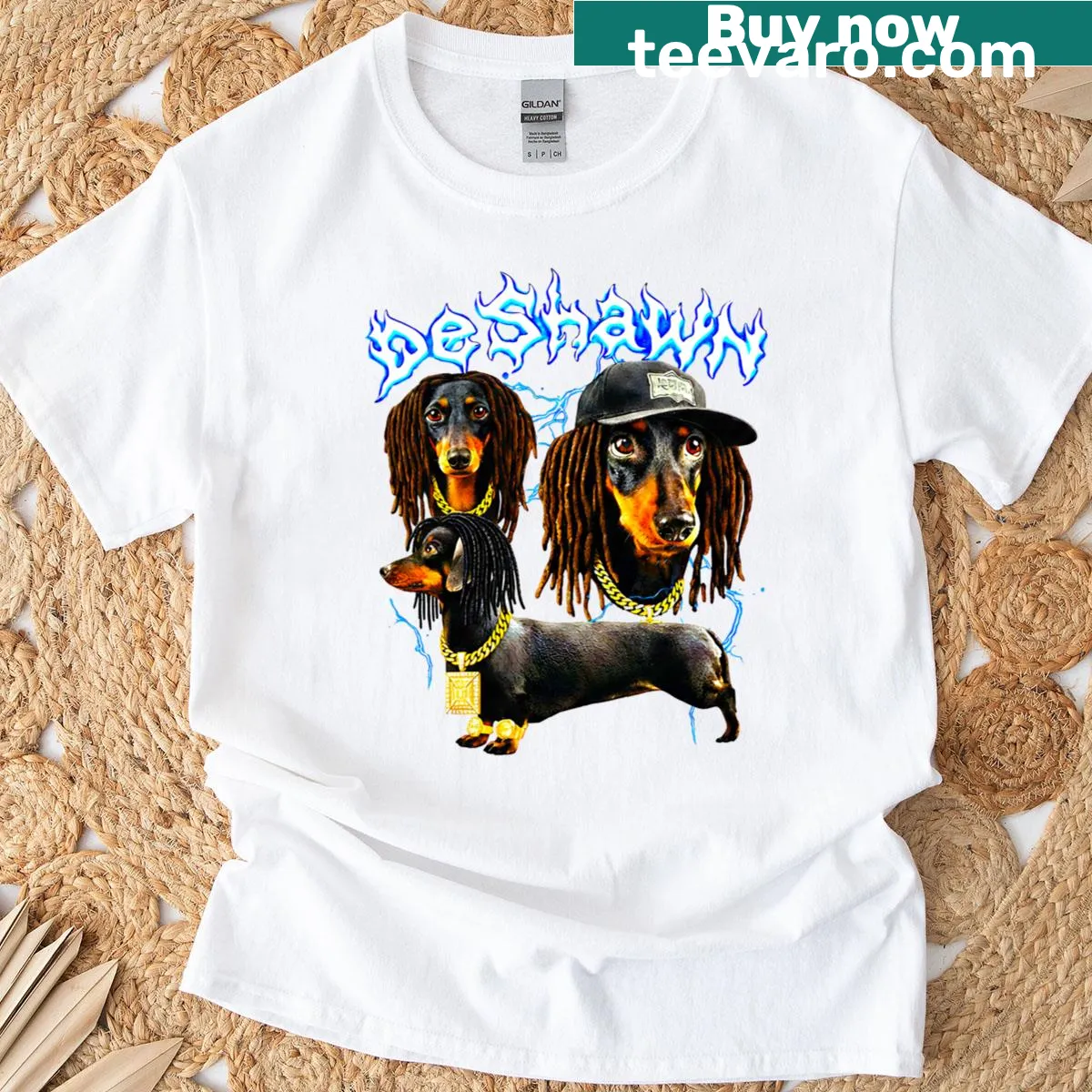 Ironic dachshund graphic with hip hop theme on a shirt — on a men's t-shirt